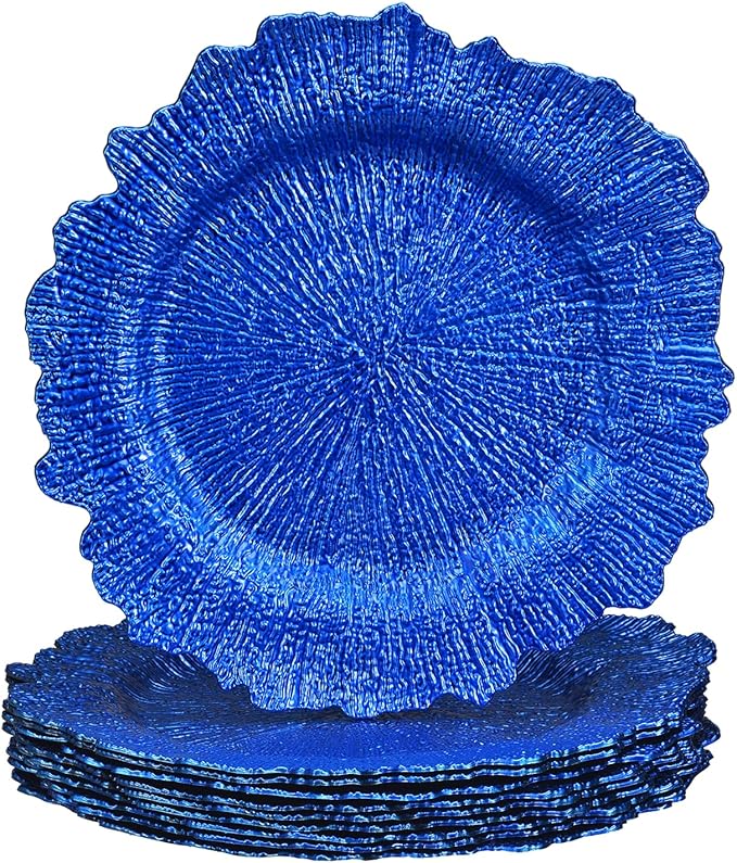 uxcell 10pcs Reef Charger Plates Bulk, 13 Inch Plastic Floral Charger Plates, Round Plate Chargers for Dinner Wedding Party Event Table Setting Decoration Blue