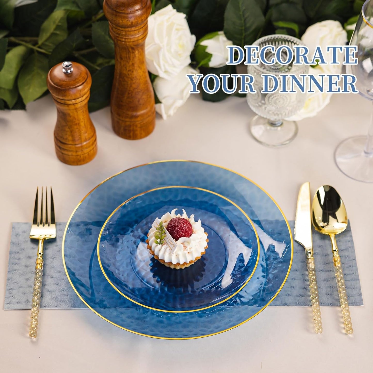 Lullaby 60Pcs Blue Gold Plastic Plates, Blue Disposable Plates With Gold Rim, Hammered Plastic Plates Include 30 Dessert Plate 10'', 30 Dinner Plate 7.5'' for Party, Birthdays and Wedding ﻿