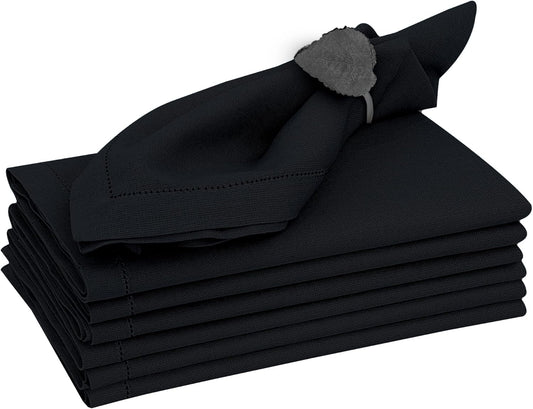 Ruvanti Premium Linen Napkins Set of 4-20x20 Inch, Classic Hemstitch, Mitered Corner Cloth Napkins‎‎ - Soft, Elegant Dinner Napkins Cloth Washable for Weddings, Parties, Everyday Use - Black