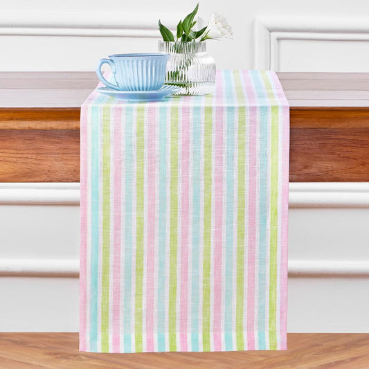 Solino Home Linen Table Runner 72 Inches Long - 100% Pure Linen Multicolor Palm Beach Stripe Table Runner 14 x 72 Inch for Dining, Dresser