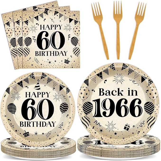 96Pcs 60th Birthday Party Paper Plates and Napkins for Back in 1966 Themed Party Supplies Vintage 60 Year Old Dessert Plates 60th Tableware for Men Women Birthday Gatherings Decorations