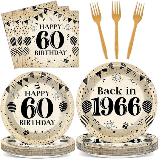 96Pcs 60th Birthday Party Paper Plates and Napkins for Back in 1966 Themed Party Supplies Vintage 60 Year Old Dessert Plates 60th Tableware for Men Women Birthday Gatherings Decorations