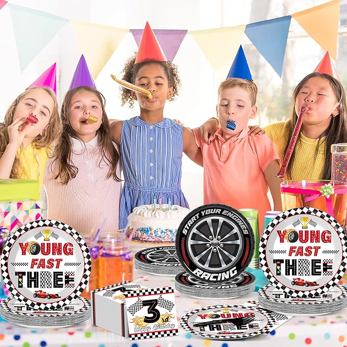 96PCS Race Car Themed 3rd Party Paper Plates and Napkins and Forks Set Young Fast Three Party Tableware Racing Checkered Flag Disposable Dinnerware for Kids Birthday Gatherings Decorations