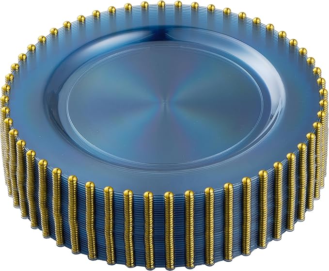 PLASTICPRO 128 Piece Combo Plastic Dinner Plates Disposable Plastic Fancy Heavy Duty Party Dishes 7 inch and 10 inch, Translucent Blue and Gold Beaded