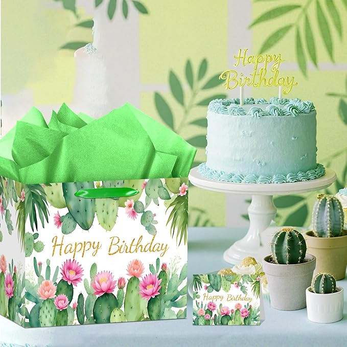 Cactus Birthday Gift Bag Green Happy Birthday Gift Bag with Tissue Paper and Card Cactus Wrapping Paper Party Favors Bag Floral Decorations for Boho Bday Fiesta Wedding Party Supplies