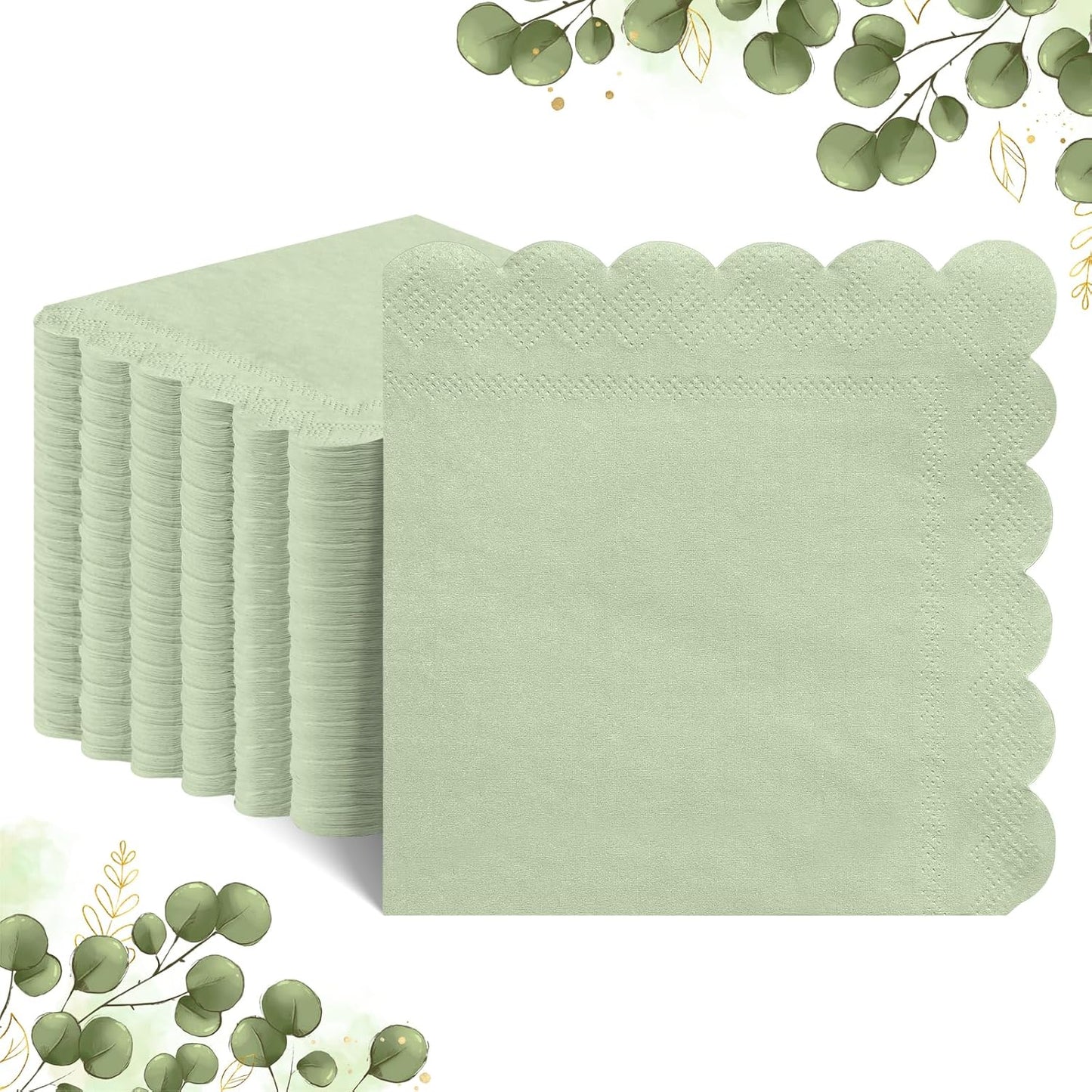 120 Pcs Cocktail Napkins Sage Green Wedding Napkins Disposable Baby Shower Scalloped Napkins for Bridal Shower, Birthday, 5 x 5 Inch