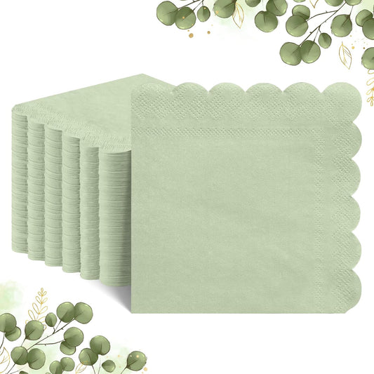 120 Pcs Cocktail Napkins Sage Green Wedding Napkins Disposable Baby Shower Scalloped Napkins for Bridal Shower, Birthday, 5 x 5 Inch