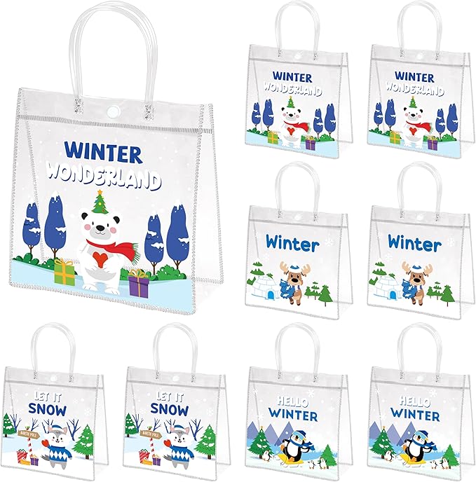 H1vojoxo Polar Animals Gift Bags - 24PCS Winter Polar Animals Clear PVC Gift Bags with Handle Let it Snow Reusable PVC Plastic Transparent Waterproof Tote Bag for Winter Birthday Party Supplies