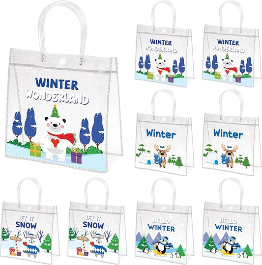 H1vojoxo Polar Animals Gift Bags - 24PCS Winter Polar Animals Clear PVC Gift Bags with Handle Let it Snow Reusable PVC Plastic Transparent Waterproof Tote Bag for Winter Birthday Party Supplies
