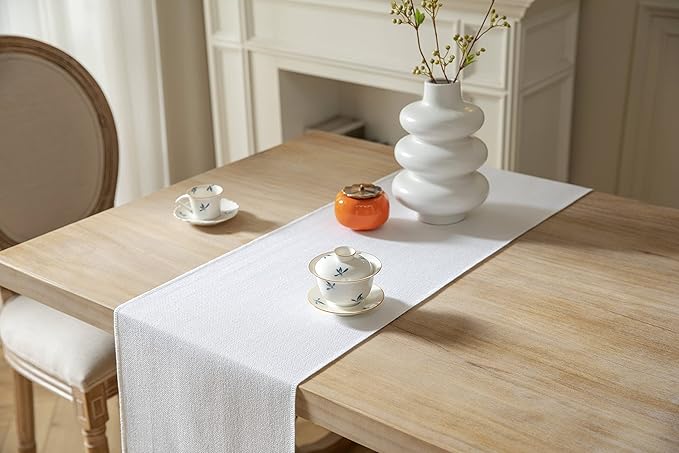 ZeeMart White Table Runners 108 Inches Long, Burlap Linen Style Rustic Farmhouse Table Runner, Long Boho Dining Table Runner, 13x108 Inches, White