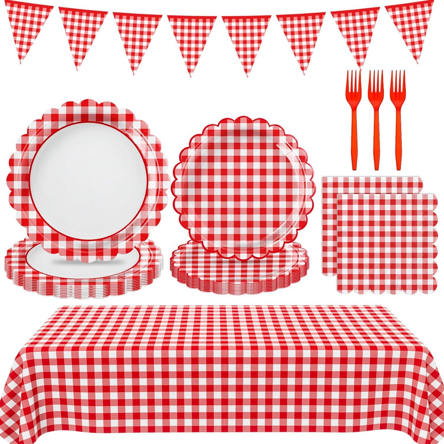 102 PCS Red Gingham Party Supplies - Scalloped Plates, Napkins, Cups, Forks, Banner, Gingham Tablecloth for Baby Shower, Birthday, Picnic Party Decorations, Serves 25