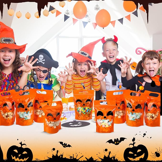 Blosssound 50 Pcs Halloween Plastic Bags Trick or Treat Sealed Bags with Handles Pumpkin Favor Pouches for Home Trick or Treat Party Candy Guests Gift Wrapping Supplies Decor (Halloween)