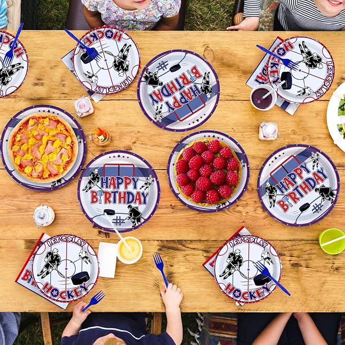 Grencian 200Pcs Hockey Party Supplies Ice Hockey Birthday Party Set Including Plates and Napkins Disposable for Boys Kids Birthday Hockey Fans Sports Games Themed Par-ty Decoration Serves 50