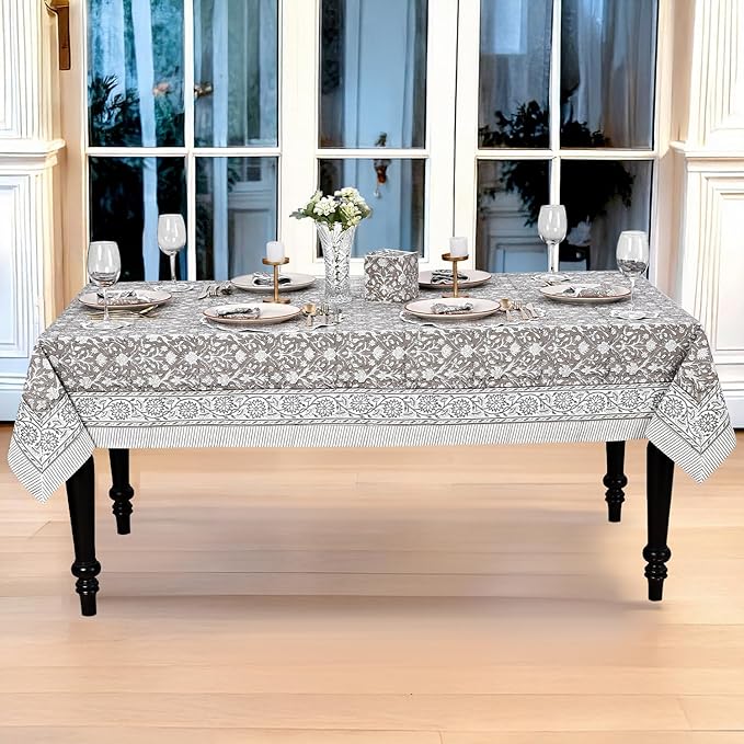 Ridhi Hand Block Print Taupe Rectangle Cotton Tablecloth 140" x 72" Reusable Table Cover Decorative Everyday Use for Dining, Farmhouse, Home Gift for Spring, Easter, Valentine