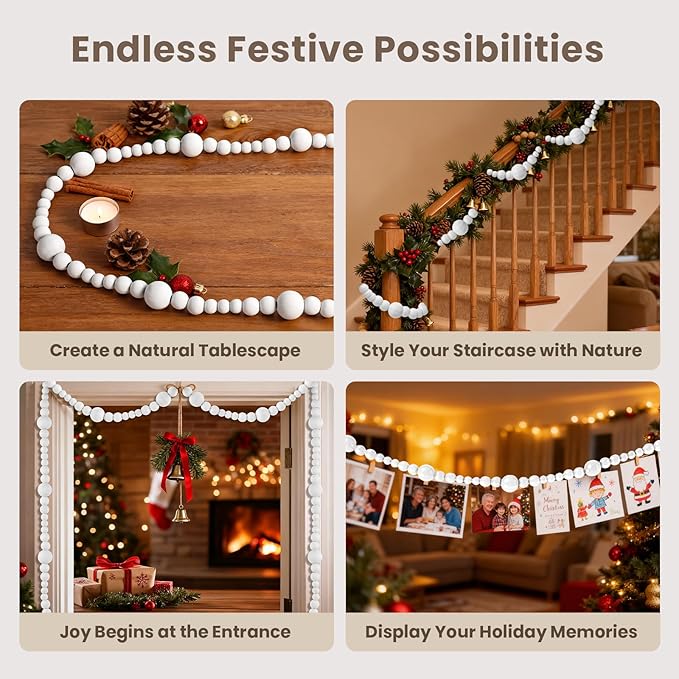 2PCS Christmas Wood Beads Garland 14.4 Feet Wooden Bead Garland Boho Ornaments for Christmas Tree, Xmas Vintage Rustic Farmhouse Round Craft Bead Hanging Holiday Decorations(White)