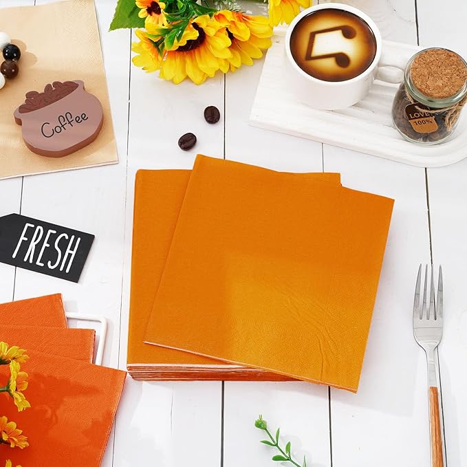 Whaline 150Pcs Orange Cocktail Napkin 3 Colors Fall Paper Napkin Disposable Beverage Napkins for Autumn Harvest Thanksgiving Home Party Birthday Wedding Table Decor Supplies
