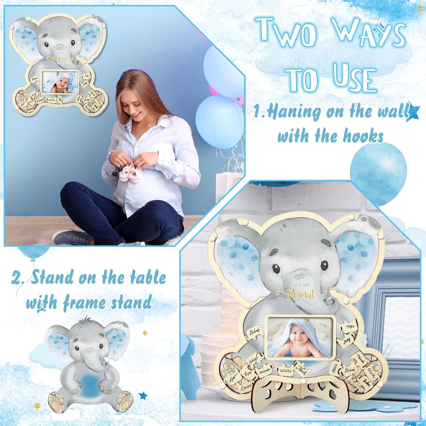 Wenqik 63 Pcs Elephant Baby Shower Guest Book Alternatives Set Baby Shower Decorations with Photo Frame Sonogram Frame Keepsake 60 Wood Slices Guest Book for Birthday