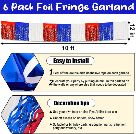 6 Pack 10 Feet White Blue Red Wave Foil Fringe Garland Metallic Tinsel Streamers Banner Wall Hanging Curtain Backdrop for Parade Floats, Mother's Day, Easter, Wedding, Birthday Party Decoration