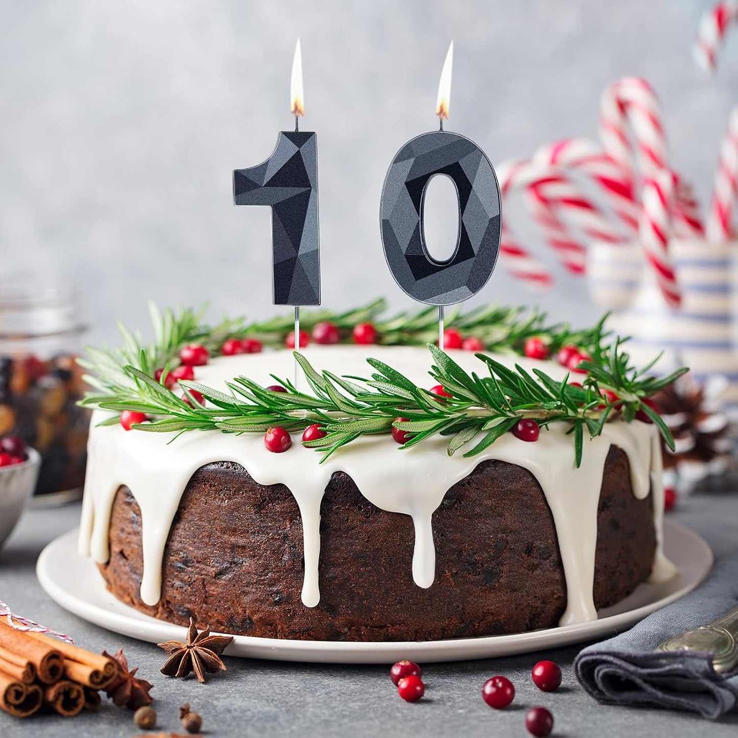 Nuanchu 10th Birthday Candles 3D Diamond Shape Number Candles Numeral Birthday Cake Topper Ten Years Old Cake Topper for Family Baking Theme Party Decoration Supplies (Black)