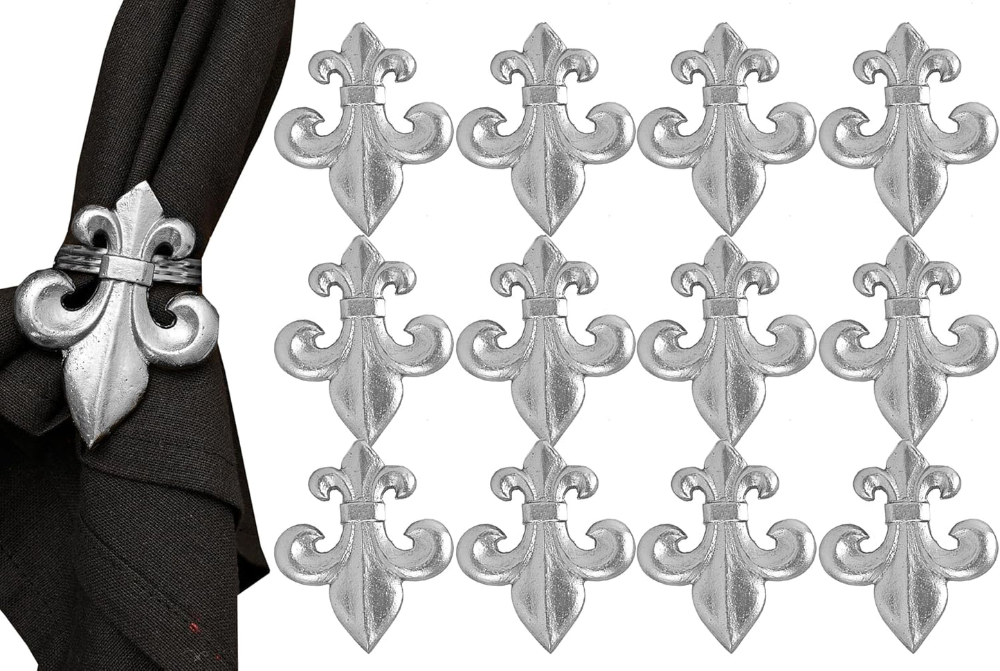 12 Piece Decorative Metal Napkin Rings - Elegant Antique Fleur-de-lis Napkin Rings for Weddings, Gatherings, Tabletop,Décor (Silver)- ALPHA Living HOME