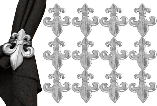 12 Piece Decorative Metal Napkin Rings - Elegant Antique Fleur-de-lis Napkin Rings for Weddings, Gatherings, Tabletop,Décor (Silver)- ALPHA Living HOME