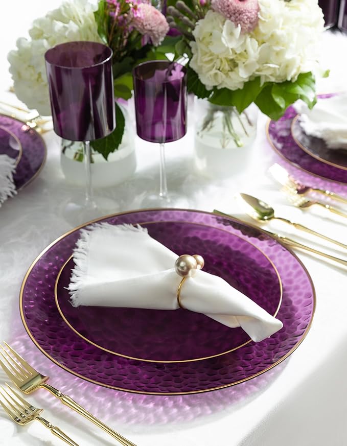 [Purple Hammered With Gold Rim 4 Pack] 13'' Charger Plates Purple Hammered With Gold Rim Plastic Heavy Duty Dinner Chargers Serveware Platters Tableware for parties, Weddings