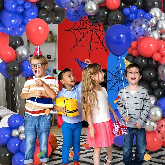 Amandir 153pcs Black Red Blue Balloon Arch Garland Kit, Different Sizes 18 12 10 5 inch Red Blue Sliver Spider Balloons for Boys Spider Theme Birthday Party Decorations