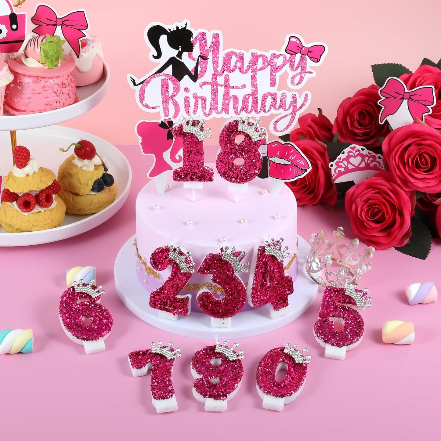 Hot Pink Birthday Candles Crown Number 7 Candle 7th Birthday Party Decorations Cake Topper Cupcake Decor for Anniversary Celebrations Supplies