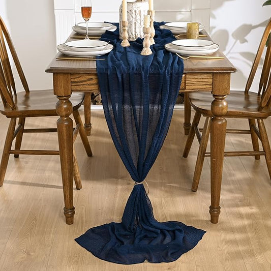 Artoid Mode Boho Cheesecloth Gauze Navy Blue Wedding Table Runner, 120 Inch Seasonal Fabric Kitchen Dining Holiday Table Decor for Home Party Indoor