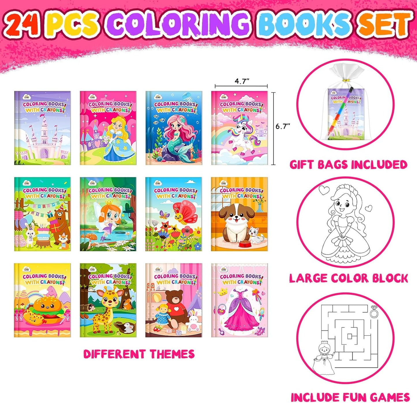 ZMLM 24 Coloring Books for Kids Party Favors: Bulk 24 Crayons Mini Coloring Books for Kids Ages 4-8 Birthday Goodie Bags Stuffers Toddlers Return Gifts Classroom Prizes Teacher Crafts (Girls)