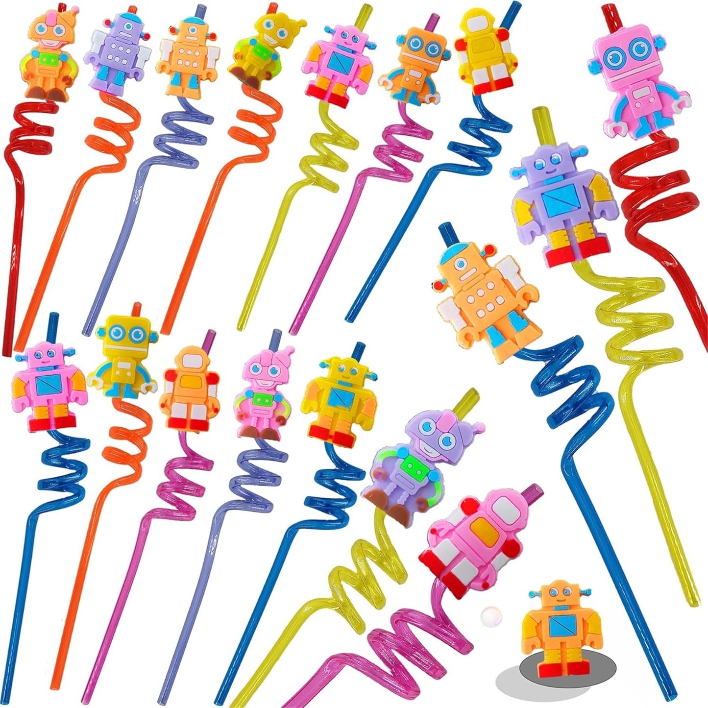 24 Packs Robot Bulk Reusable Plastic Straws Birthday Party Favors, Theme Curly Drinking Straws Party Supplies