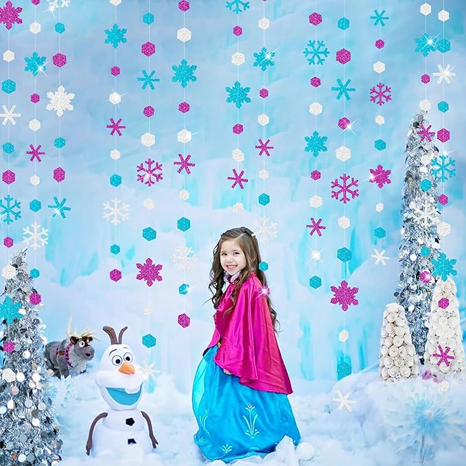 52 Ft Snowflakes Party Decorations Silver Purple Blue Glitter Paper Snowflakes Garland Streamer for Winter Wonderland Christmas Holiday Frozen Birthday Wedding Baby Shower Bridal Shower Party Supplies