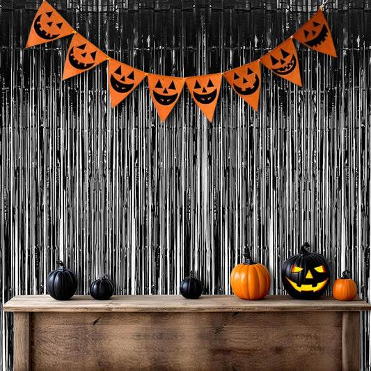 Foil Fringe Curtain Halloweens Party Decorations - Pure Black Tinsel Photo Backdrop Party Steamers Curtains for Birthdays Music Christmas Stranger Theme Parties