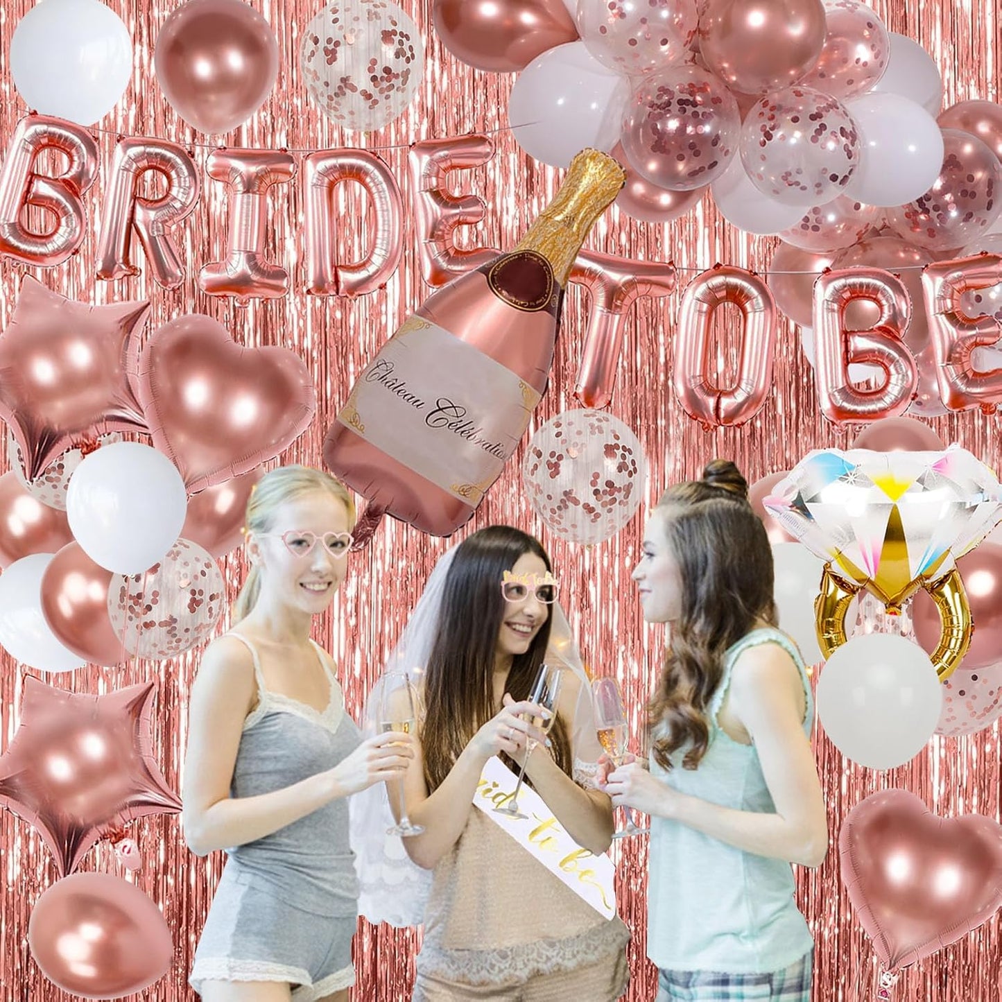 Bachelorette Party Decorations, Rose Gold Bride To Be Decorations with Bride Balloons, Sash, Veil, Tinsel Backdrop for Bridal Shower Decor