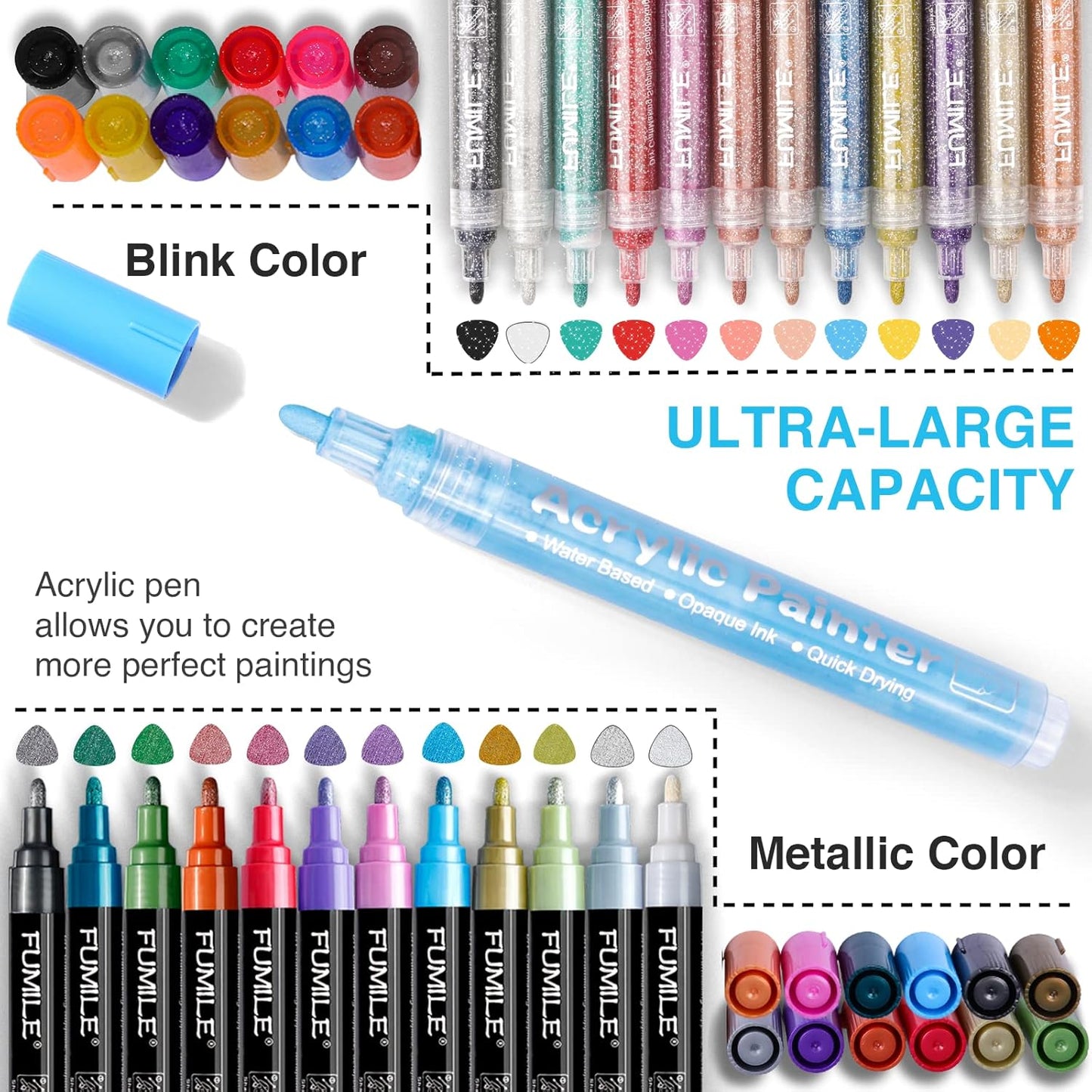 FUMILE Acrylic Markers Paint Pens, 80 Colors Paint Markers include Metallic Color (12 PCS), Blink Color (12 PCS) and Normal Color (56 PCS). For Rock,Metal,Plastic,Glass,Canvas,Ceramic,Wood,And More
