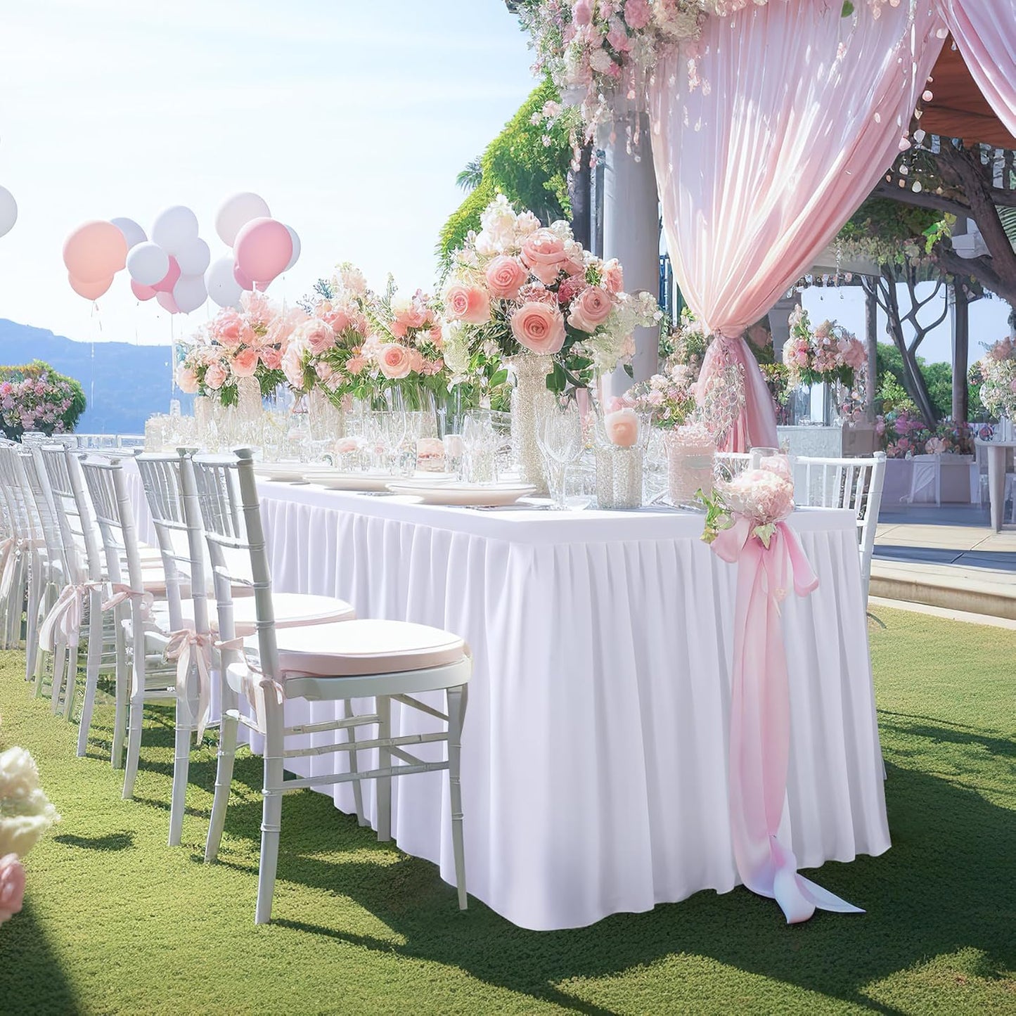 White Polyester Table Clothes for 4 Foot Rectangle Tables, Wrinkle Free Fitted Table Cover 4ft Stretch Tablecloths with Skirt for Parties Weddings Birthday Banquet Baby Shower