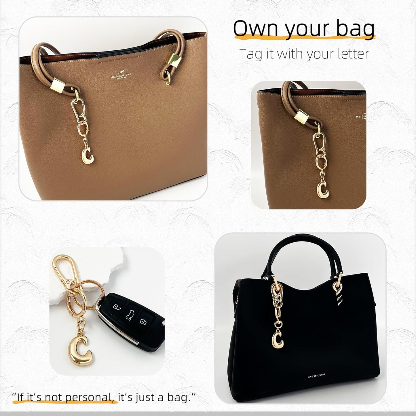 Gold Bubble Heart Initial Bag Charms for Handbags – Cute Initial Letter Keychain for Women, Purse Charms, Gold Gift