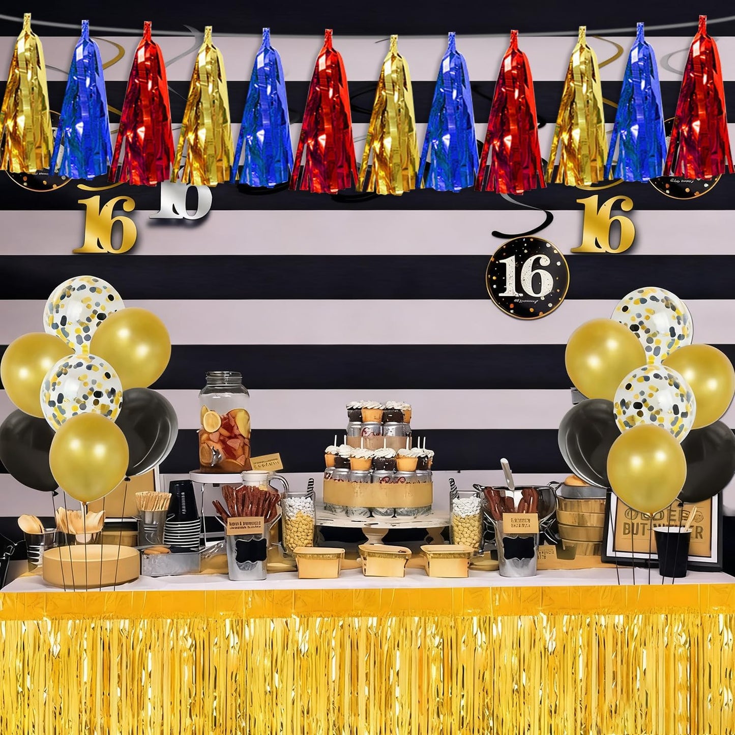 4P Gold Blue Red Tassel Banner Garland Metallic Foil Fringe Banner Tinsel Tassels Streamer Banner Backdrop for Parade Floats Graduation, Halloween, Christmas, Baby Bridal Shower Party Decorations