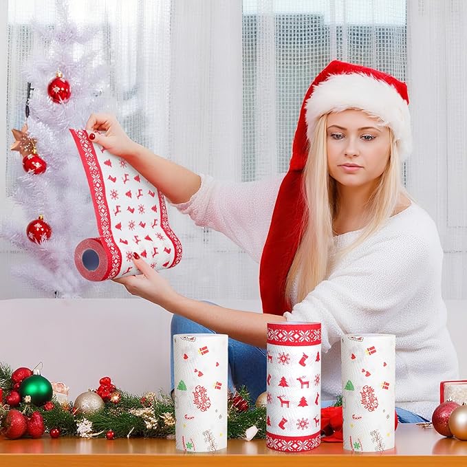 4 Rolls Christmas Kitchen Paper Towels Grease Proof Food Liner Fried Food Snacks Wrapping Paper 9 x 9 Inches for Holiday Kitchen Business Restaurant