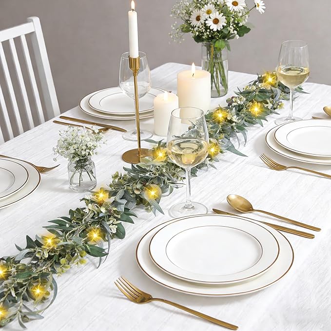 Artgar Olive Garland with Lights - 6 Ft Eucalyptus Garland with Timer 30 Fairy Lights, Artificial Greenery Olive Leaf Vine Garlands for Indoor Outdoor Wedding Arch Backdrop Table Spring/Summer Decor