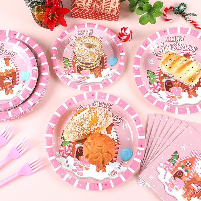 OBUSATT 96Pcs Christmas Gingerbread Paper Plates and Napkin Christmas Party Supplies Pink Gingerbread House Tableware Dinnerware Set for Xmas Winter Holiday Seasonal Table Party Decoration Serve 24
