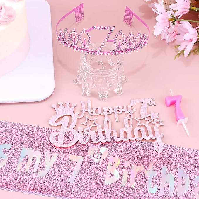 7th Birthday Celebration Set - Pink Crown, Glitter Sash, Number 7 Candle & Cake Topper | Party Decorations Kit