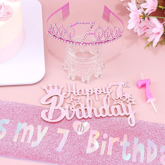 7th Birthday Celebration Set - Pink Crown, Glitter Sash, Number 7 Candle & Cake Topper | Party Decorations Kit