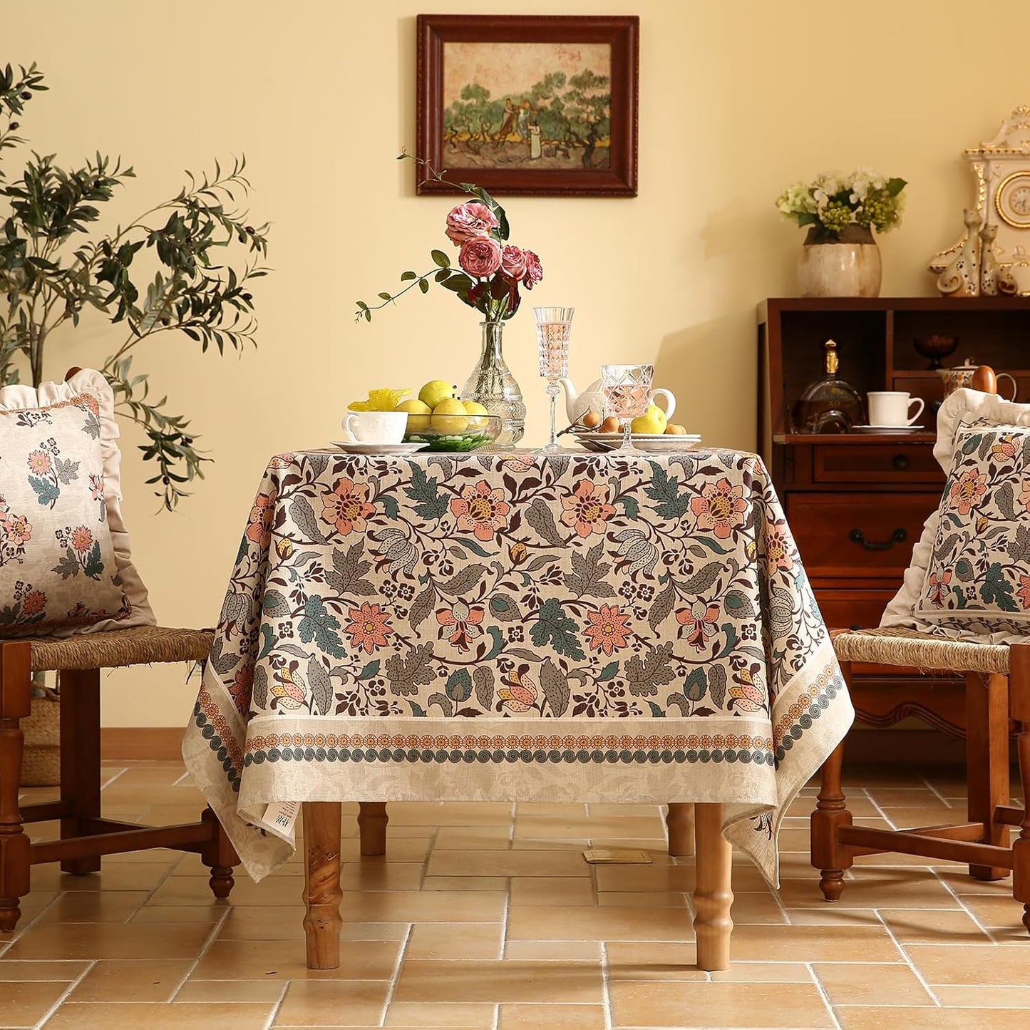 ISAENNE Designer Boho Floral Extra Long Tablecloth Rectangle,Linen Lotus Flower Pattern Colorful Table Cloth,Durable Decor Tablecloths for Dining Thanksgiving Kitchen Christmas,63"*110"-Hazel A