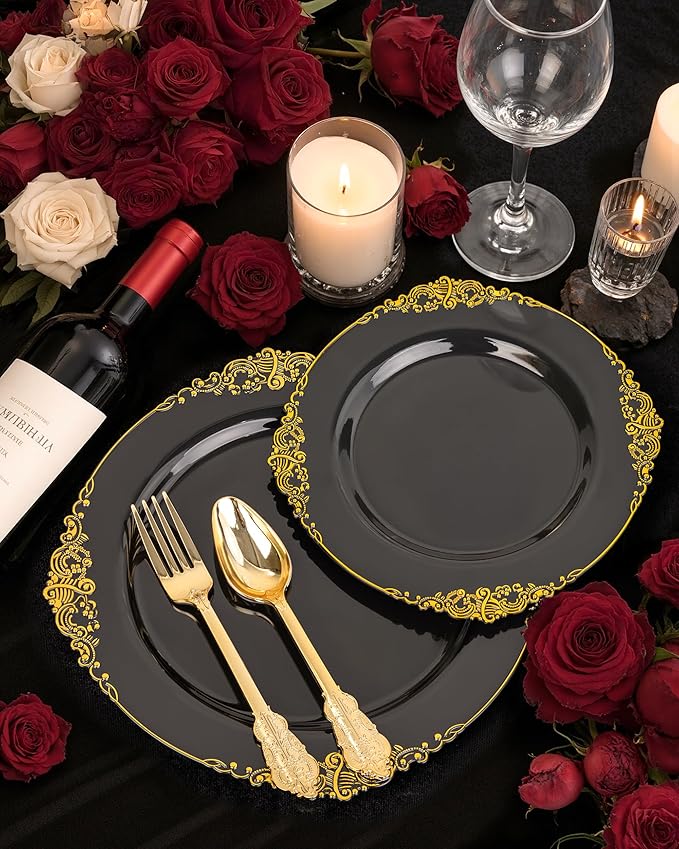 Nervure 100PCS Black and Gold Plastic Plates - 10.25Inch Black Disposable Plates - Black Plastic Dinner Plates for Wedding & Party