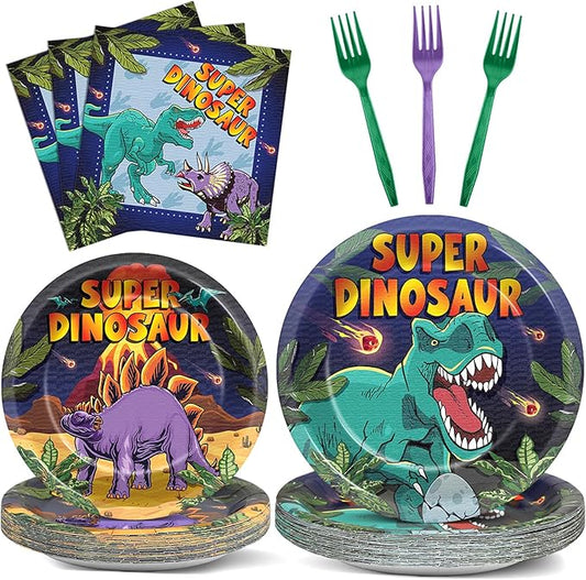 96 Pcs Super Dinosaur Plates and Napkins for Dinosaur Birthday Party Supplies Dino Movie Theme Paper Dessert Plates and Napkins Jungle Dino Tableware Set for Kids Boys 24 Guests Party Decorations