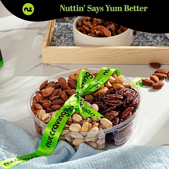 NUT CRAVINGS - Halloween Treats For Adults Mixed Nuts Gift Basket + Green Ribbon (4 Assortments) Holiday Xmas Christmas Food Arrangement, Healthy Snack Care Package, Food Assortments