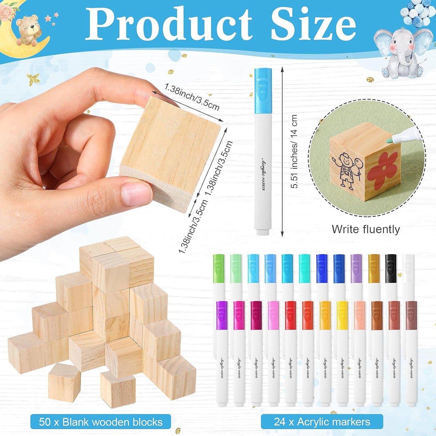 Tatuo 75 Pcs Baby Shower Games Sign Kit Including Decorate a Block Game Sign 50 DIY Wooden Block 24 Acrylic Paint Marker Baby Shower Prize for Gender Reveal Party(Cute Elephant)