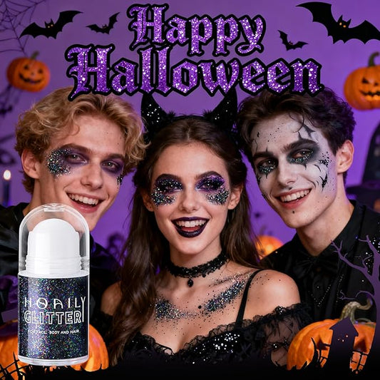 HOSAILY Roll-on Black Body Glitter Gel for Face Hair, Holographic Chameleon Color Changing Face Paint Glitter Halloween Cosplay SFX Makeup, Chunky Sequins Festival Shimmer Makeup for Women Kids