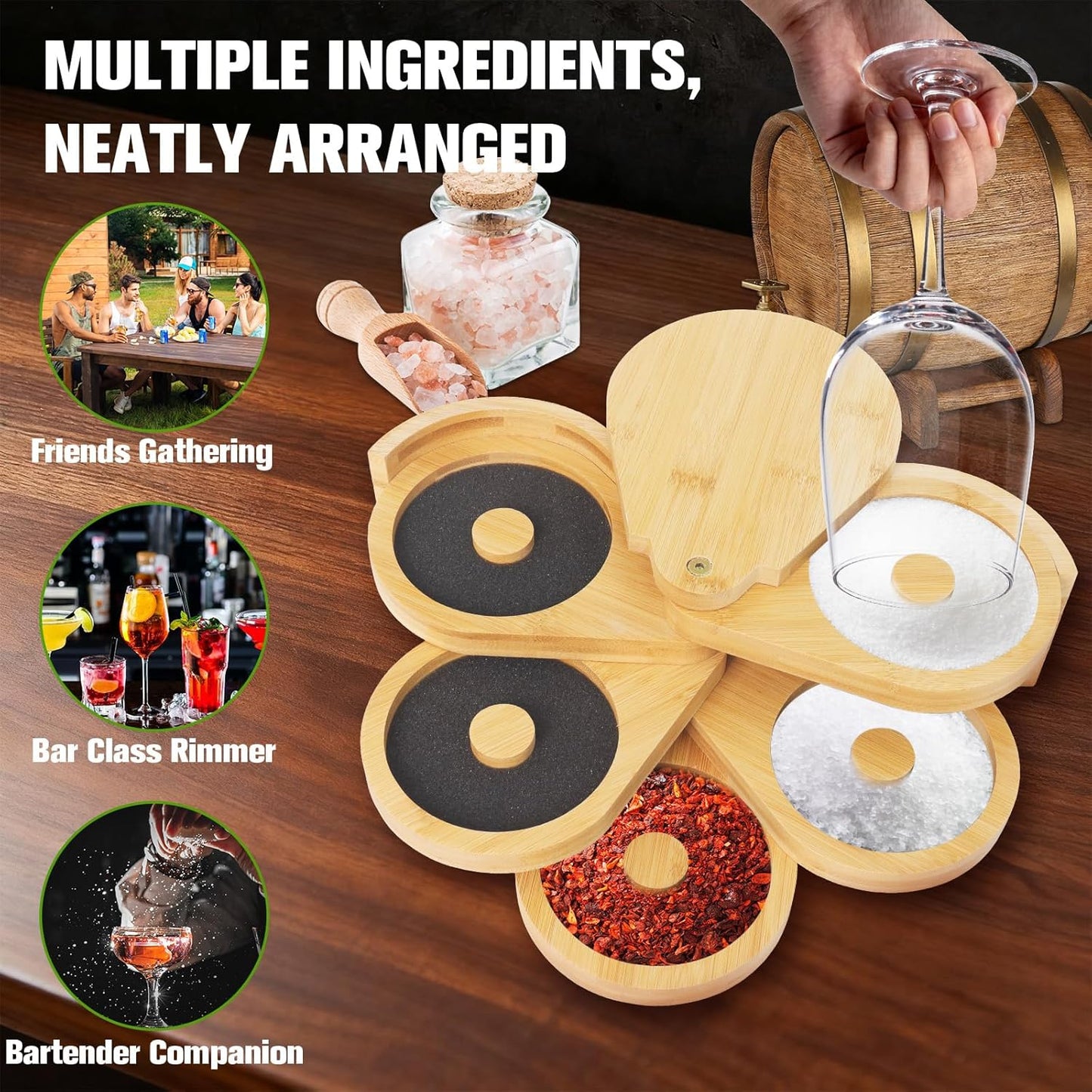 Bamboo 5-Tier Margarita Salt Rimmer Set with Swivel Lids & 5 Sponges – Cocktail Glass Rimmer for Home Bar, Bartender & Party Drinks, Eco-Friendly Design
